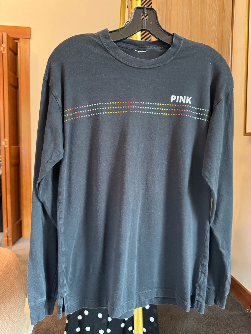 PINK Victoria's Secret Black Long-Sleeve Tee with Multicolor Dot Stripe